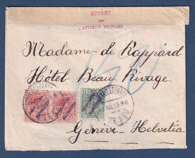 Maroc espagnol - YT n° 3 et 4 de 1903 à 1909 - Lettre censurée de Tanger pour Genève - 1915