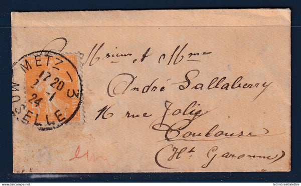 France - YT n° 158 seul sur enveloppe pour carte de vœux - 20 centimes semeuse - 1924