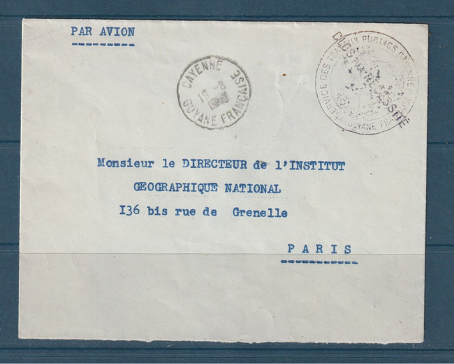 Guyane française - Lettre par avion de Cayenne pour Paris - Services des travaux publics, clos par nécessité - 1977