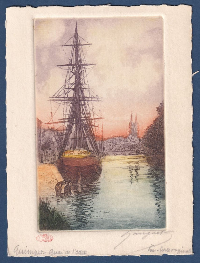 Eau Forte originale en Couleur - Quimper - Quai de l'Odet - Illustrateur Gauguet