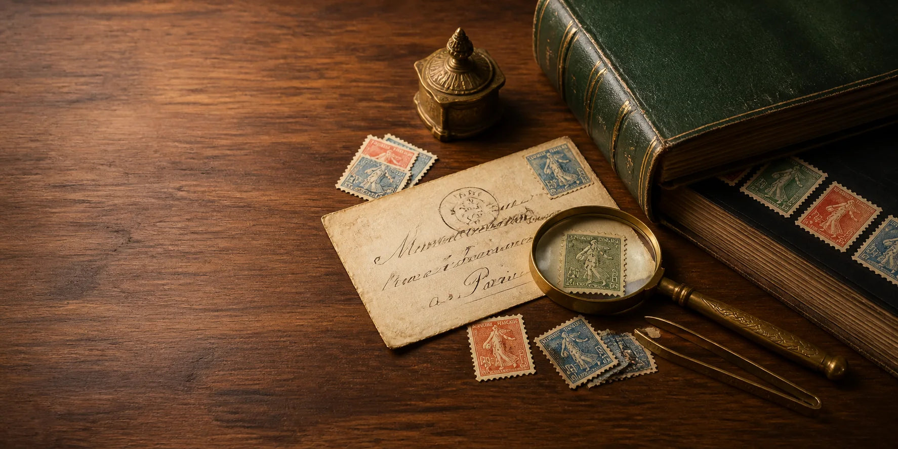 Stamps, an old letter and a collector’s album