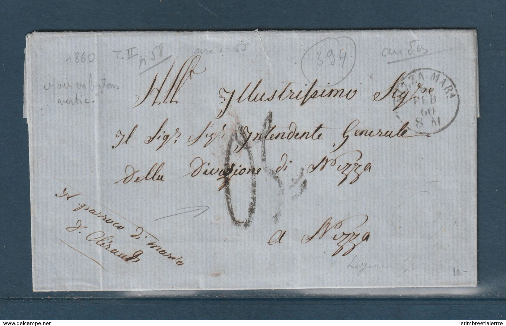 France - Lettre Maritime de Nice avec Taxe tampon 0,5 de Maria en Février 1860
