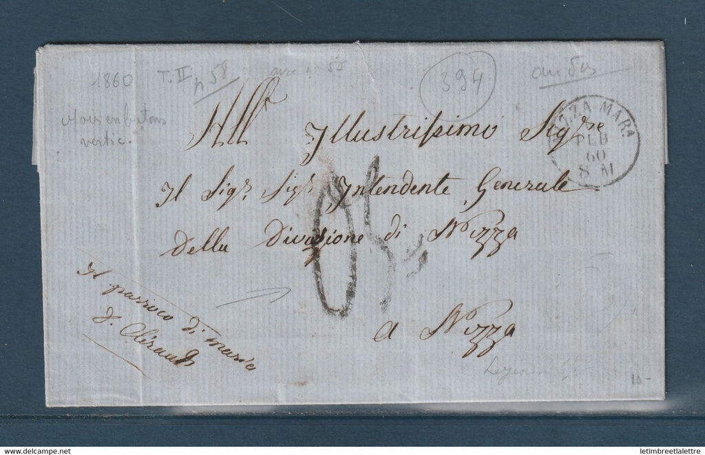 France - Lettre Maritime de Nice avec Taxe tampon 0,5 de Maria en Février 1860