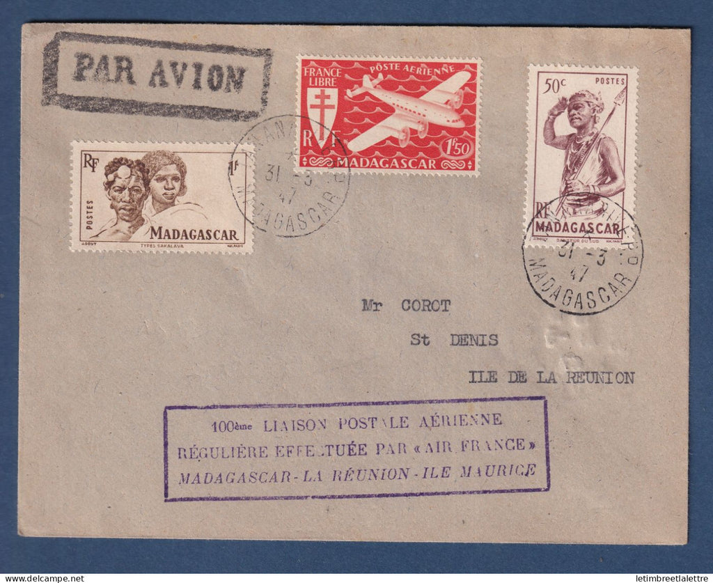 Madagascar - 100 -ème liaison postale aérienne Air France Madagascar La Réunion et Ile Maurice - 1947