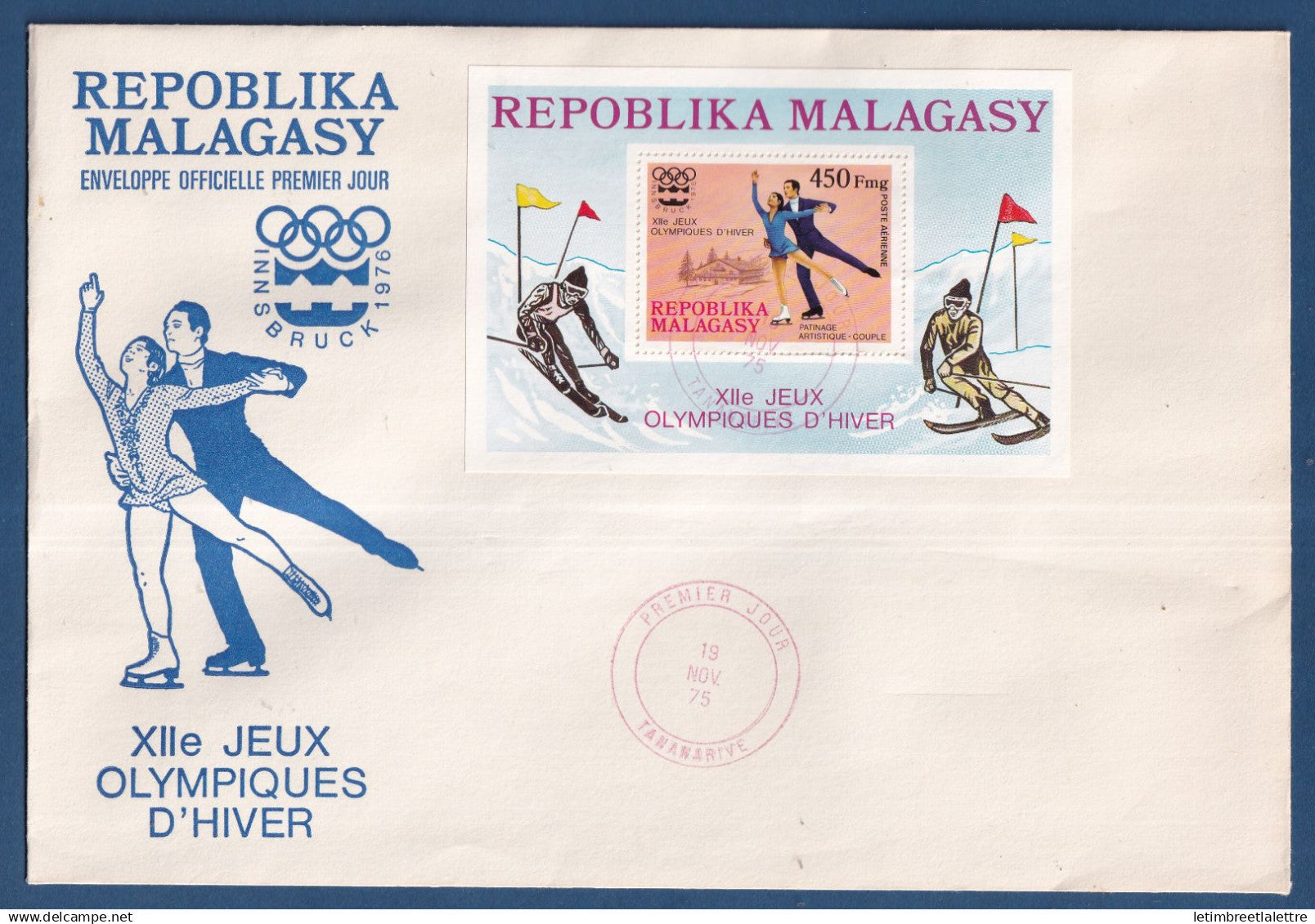 Madagascar - FDC - Premier jour - Grand format - YT bloc n° 9 - Jeux olympiques d'hivers - Patinage artistique - 1975