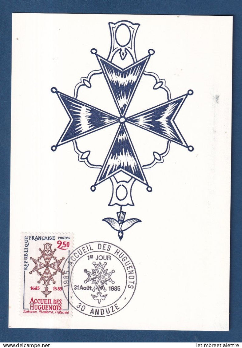 France - FDC - Premier Jour - Carte maximum - Accueil des Huguenots - 1985