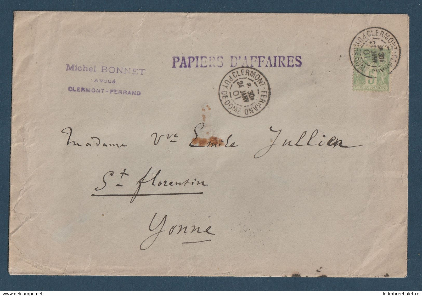 ⭐ France - YT n° 102 sur Lettre - Papiers d'Affaires - pour Saint Florentin le 24 Janvier 1901 ⭐