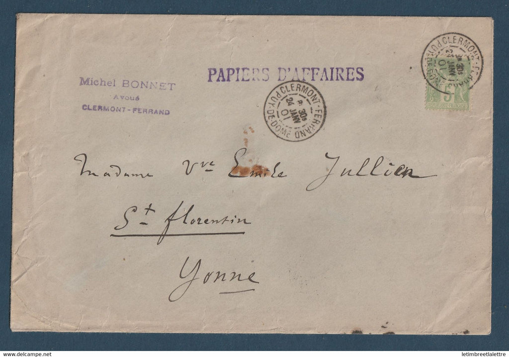 ⭐ France - YT n° 102 sur Lettre - Papiers d'Affaires - pour Saint Florentin le 24 Janvier 1901 ⭐