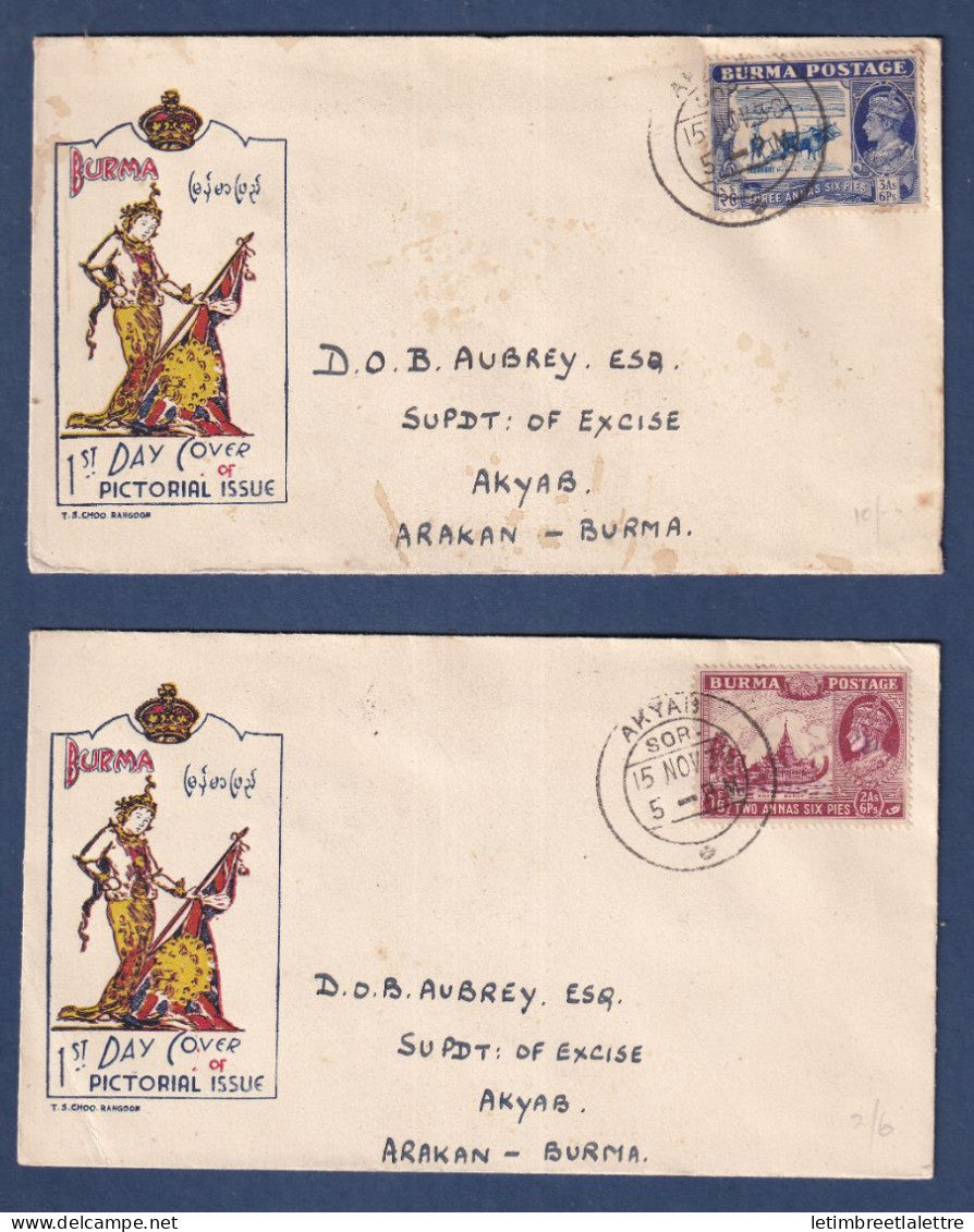 Myanmar - Birmanie -  Burma - YT n° 25 et 27 - FDC Premier jour pictorial issue pour Arakan - 1938