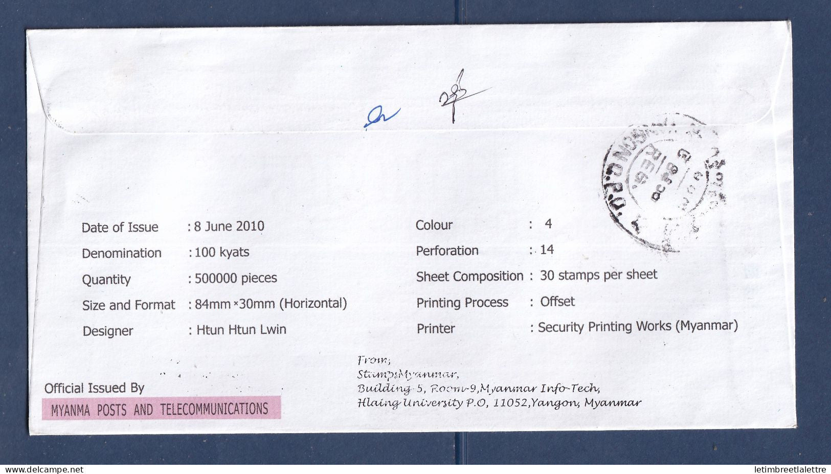 Myanmar - Birmanie - Burma - enveloppe FDC premier jour pour la France - recommandé - 2010