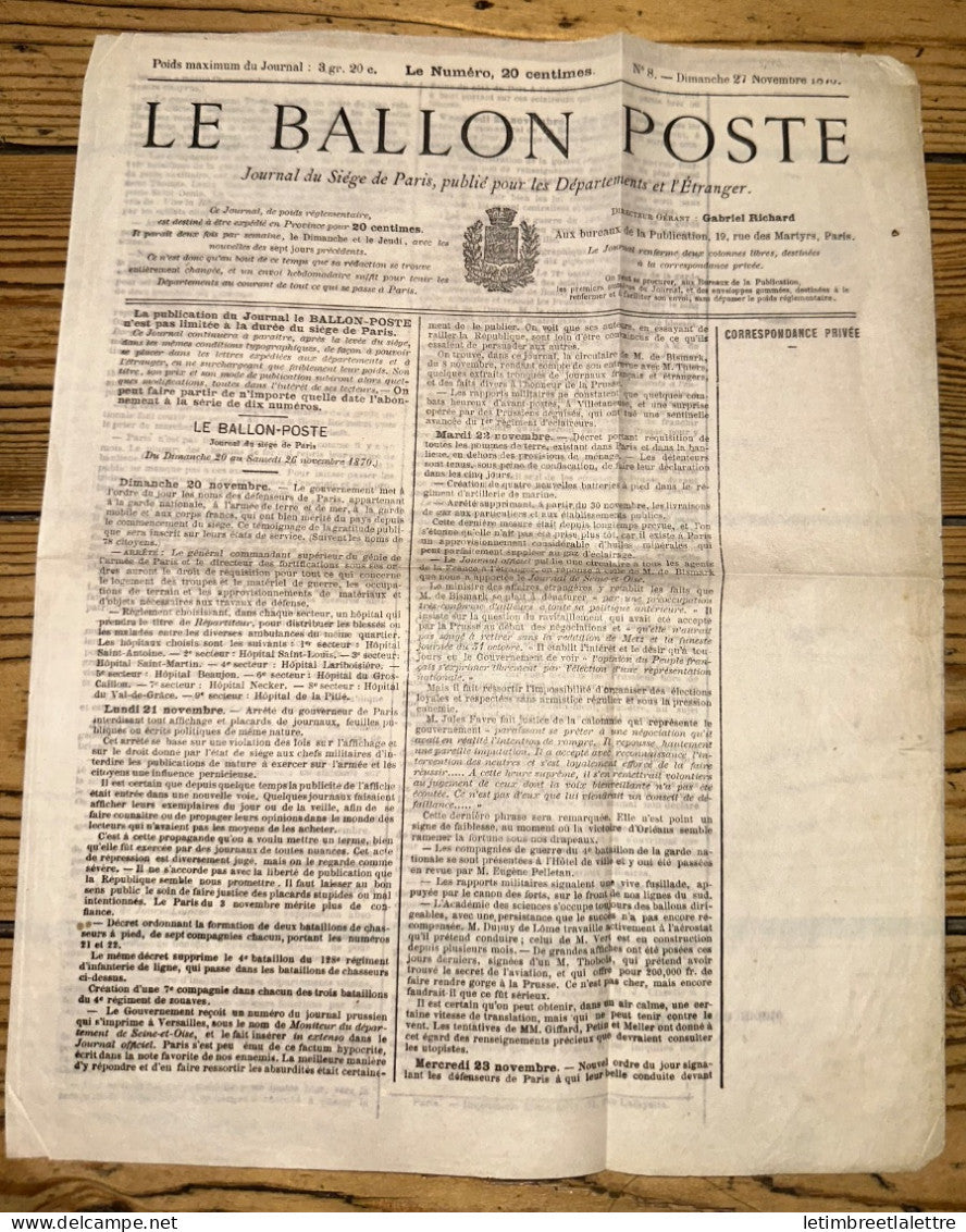France - Journal le Ballon Poste - neuf - le n° 8 du dimanche 27 novembre 1870