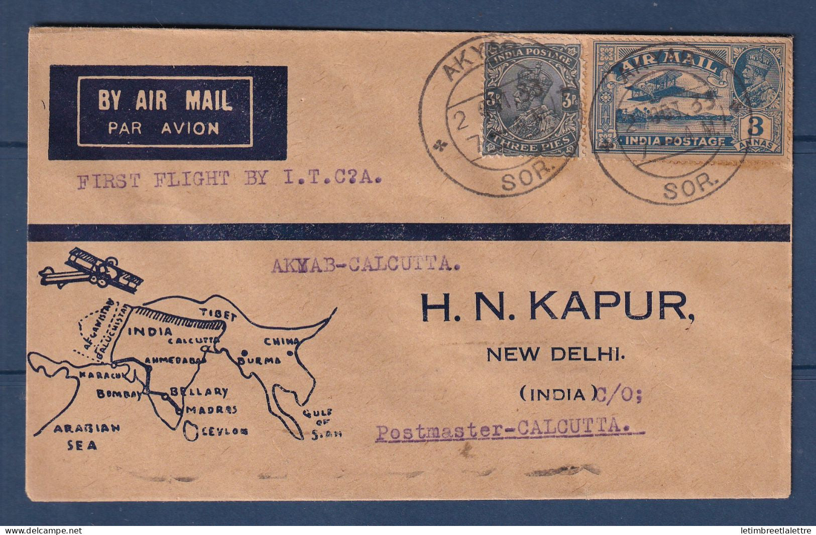 Birmanie Burma - Poste aérienne - enveloppe décorée - premier vol I.T.C.A.  Akyab Calcutta ( Inde ) - 1933