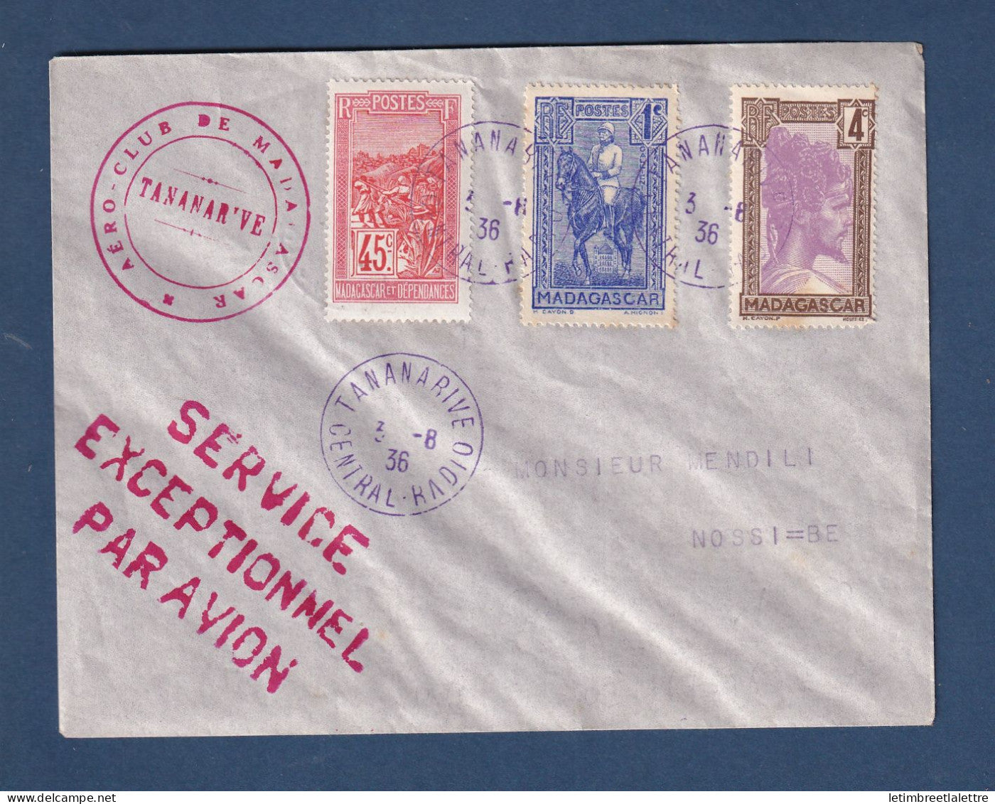 Madagascar - Service exceptionnel par avion - Tananarive central Radio pour Nossi Bé - 1936
