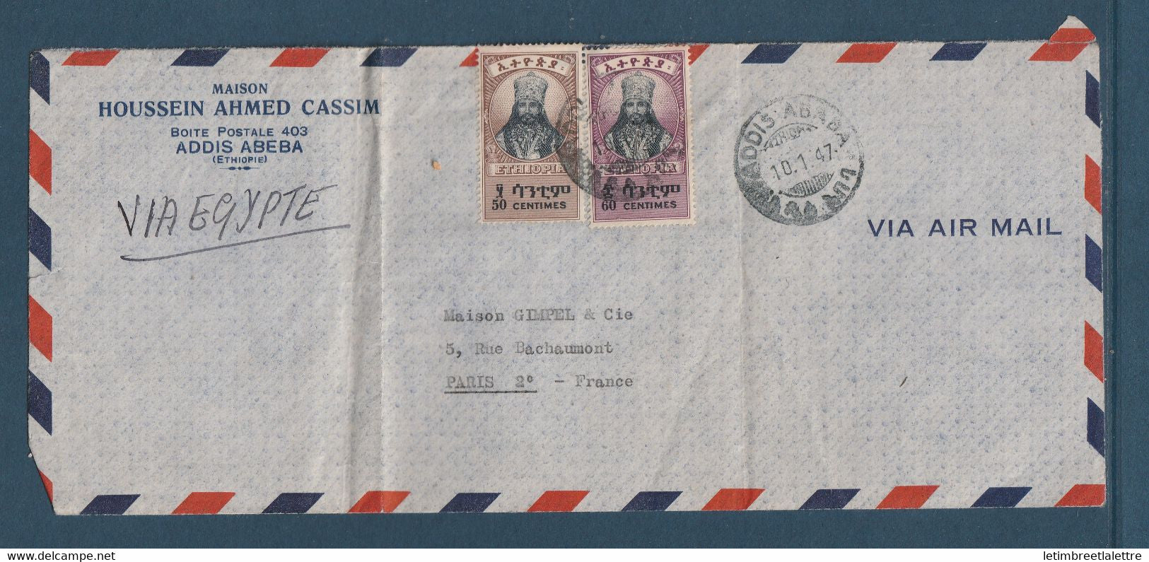 Ethiopie - Enveloppe d'Addis Abeda via Egypte pour la France par avion - 1947