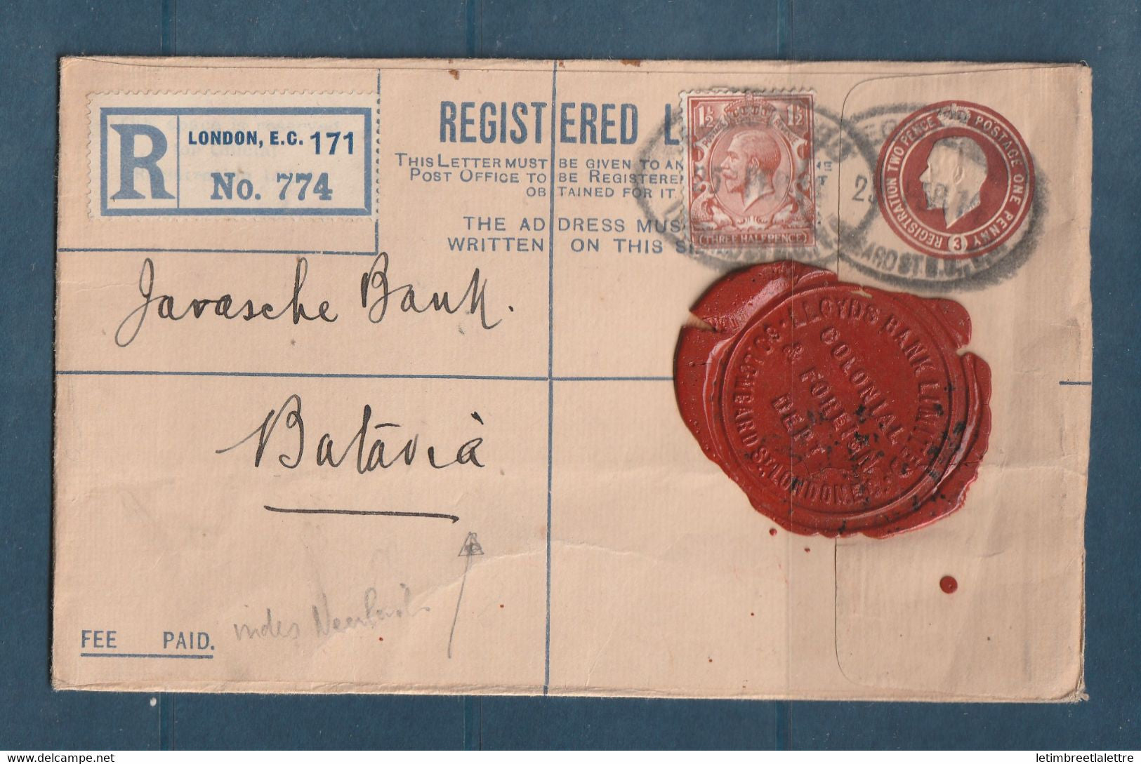 Grande Bretagne - entier postal - recommandé de Londres pour Batavia ( Inde Néerlandaise ) -  1914