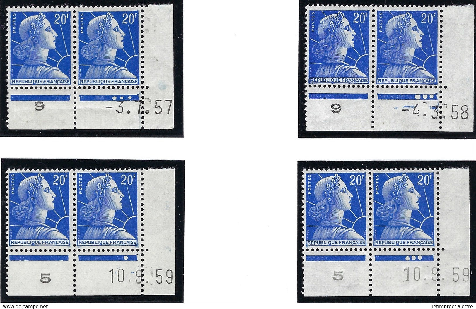 France - Thématique Marianne de Muller - N° 1011B ** - TTB - coin daté - lot de 4 paires