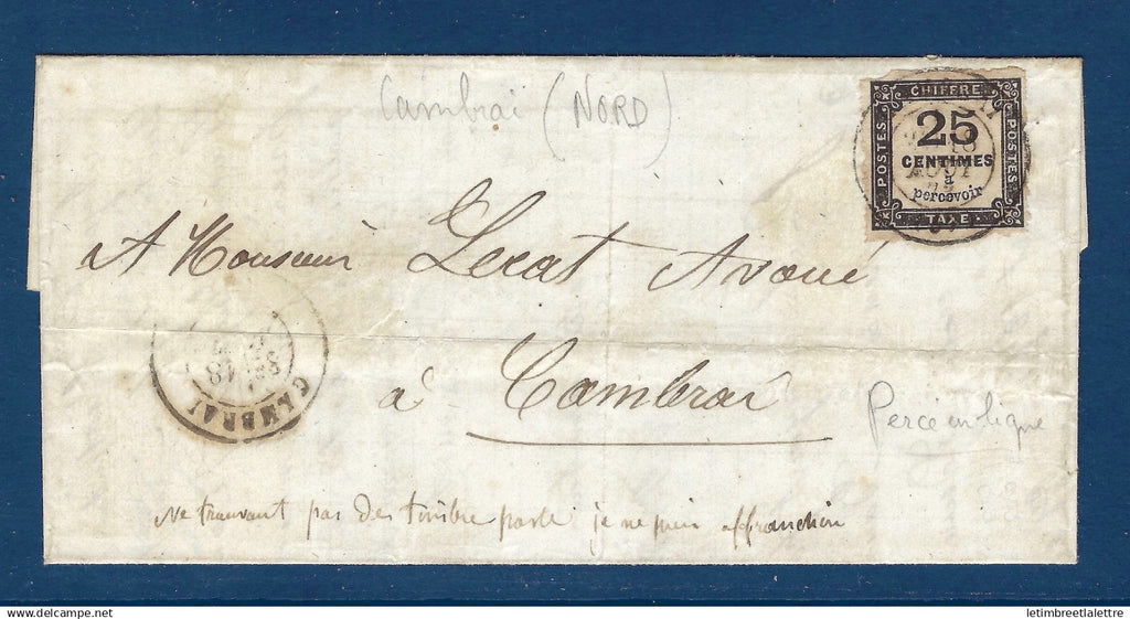 France - Taxe - YT n° 5 percé en ligne sur lettre taxée de Cambrai - Nord - Aout 1873
