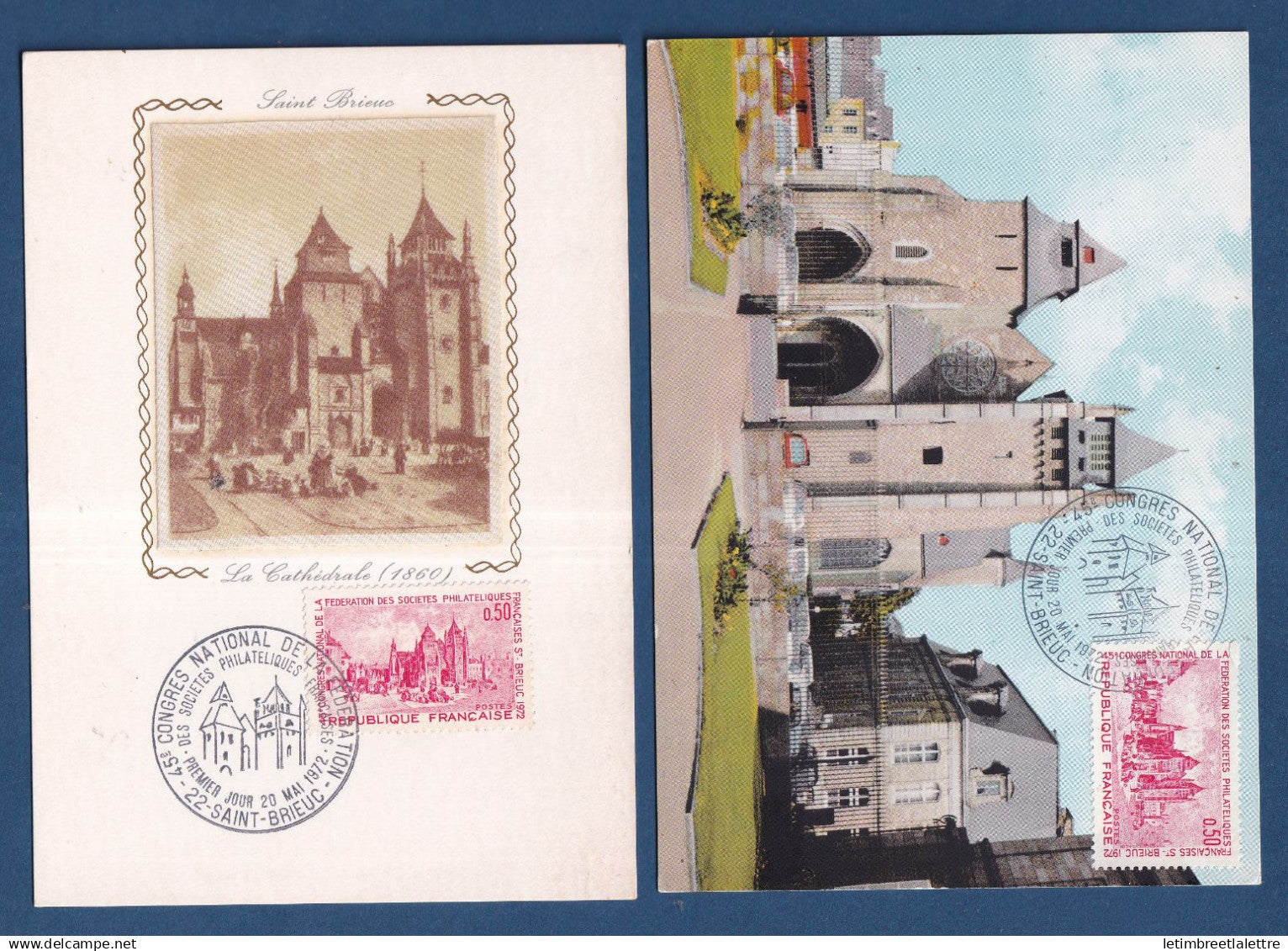 France - FDC - Premier Jour - Carte maximum - La Cathédrale - Congrès national de la Fédération - Saint Brieuc - 1972