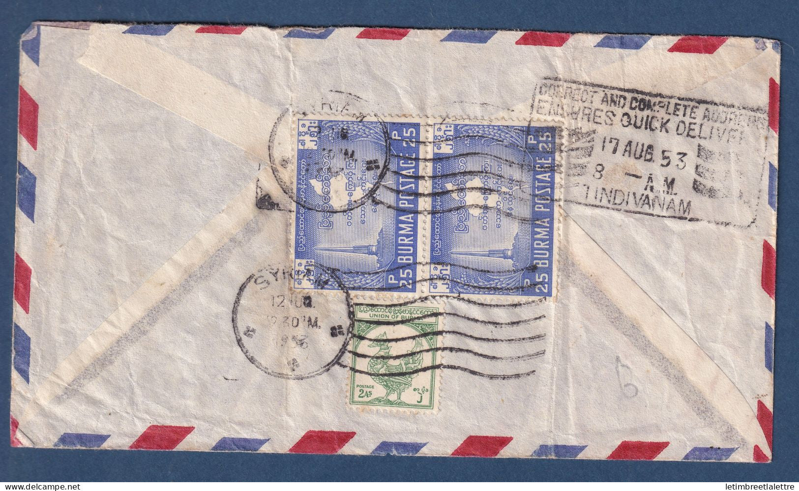 Birmanie - Burma - enveloppe de Syriam pour Madras ( Inde ) - Par avion - 1930