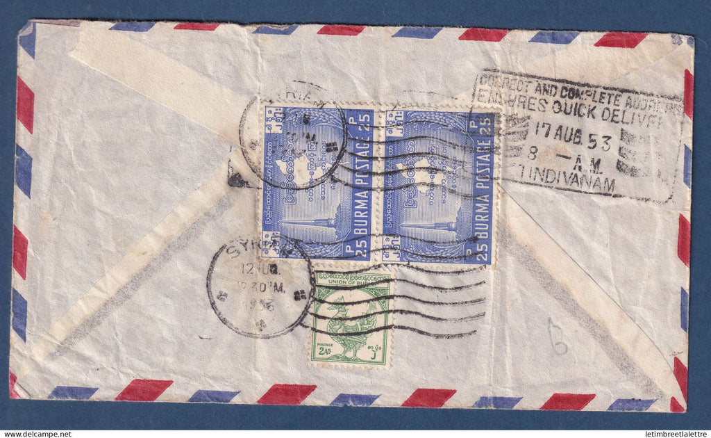 Birmanie - Burma - enveloppe de Syriam pour Madras ( Inde ) - Par avion - 1930