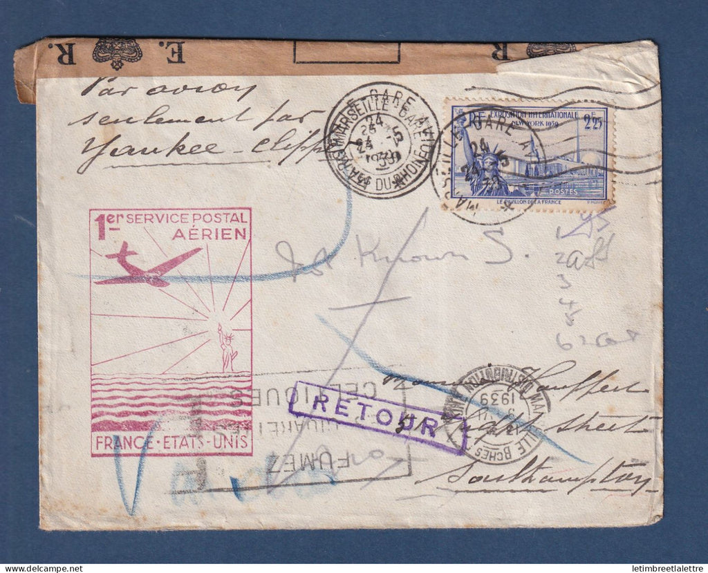 France - Premier service aérien France Etats Unis par Yankee Clipper - 1939 - Censure - Southampton