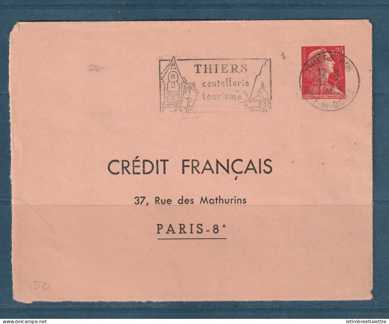 France - Enter postal - Marianne de Muller - timbré sur commande du crédit Français - Thiers Coutellerie - 1963