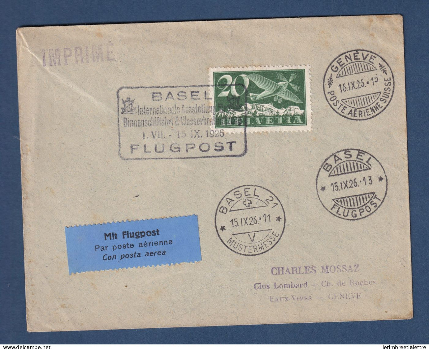 Suisse - aérogramme - poste aérienne - Bâle Genève le 15 IX 1926 - 1926