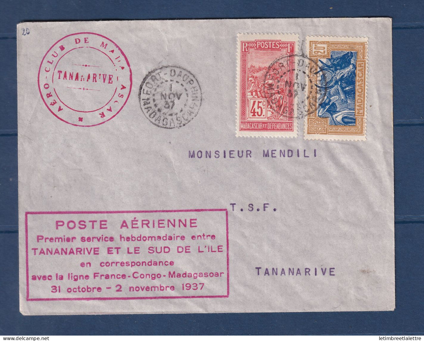 Madagascar - premier service aérien hebdomadaire Tananarive et le Sud de l'ile - Fort Dauphin - 1937