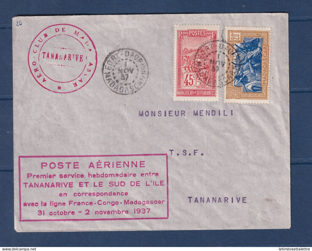 Madagascar - premier service aérien hebdomadaire Tananarive et le Sud de l'ile - Fort Dauphin - 1937