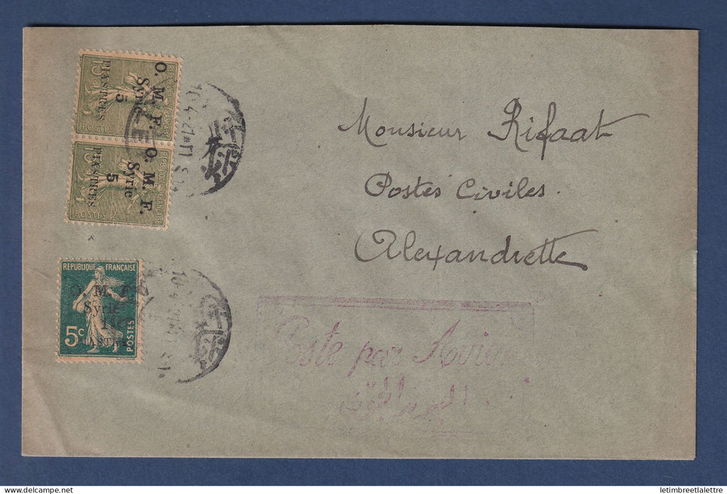 Syrie - enveloppe pour Alexandrette via poste aérienne - Griffe rouge Poste par Avion - 1921
