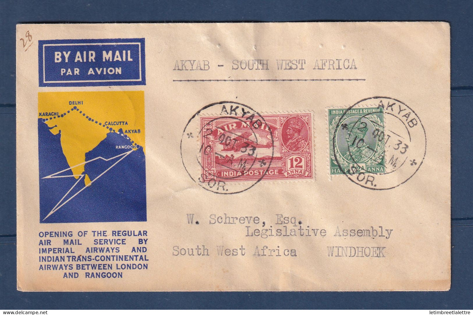 Birmanie Burma - Poste aérienne - premier vol Akyab Windhoek ( Afrique Australe ) - 1933