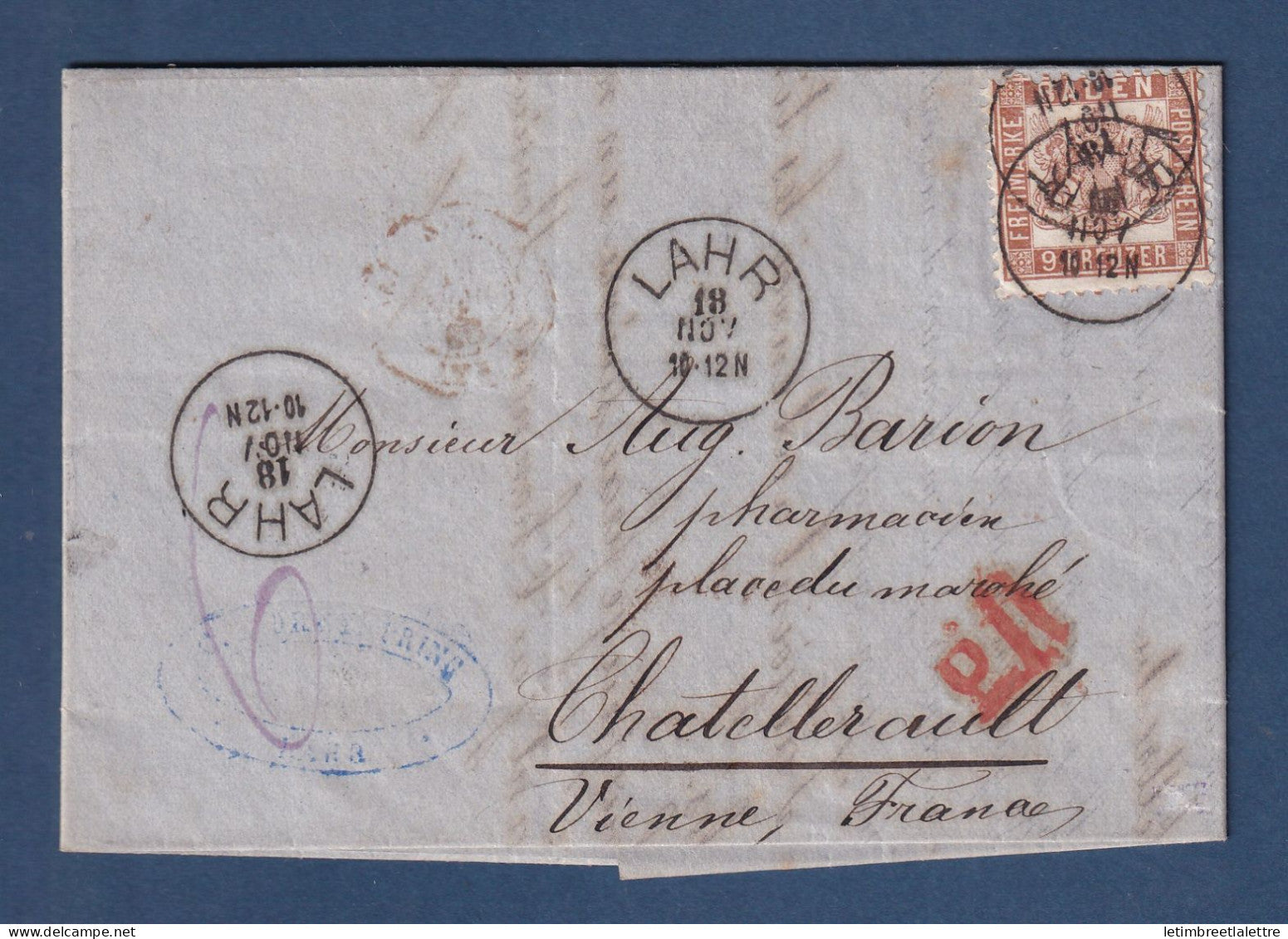 Allemagne - Bade YT n° 19 sur lettre de Lahr pour Châtellerault ( France ) - 1888