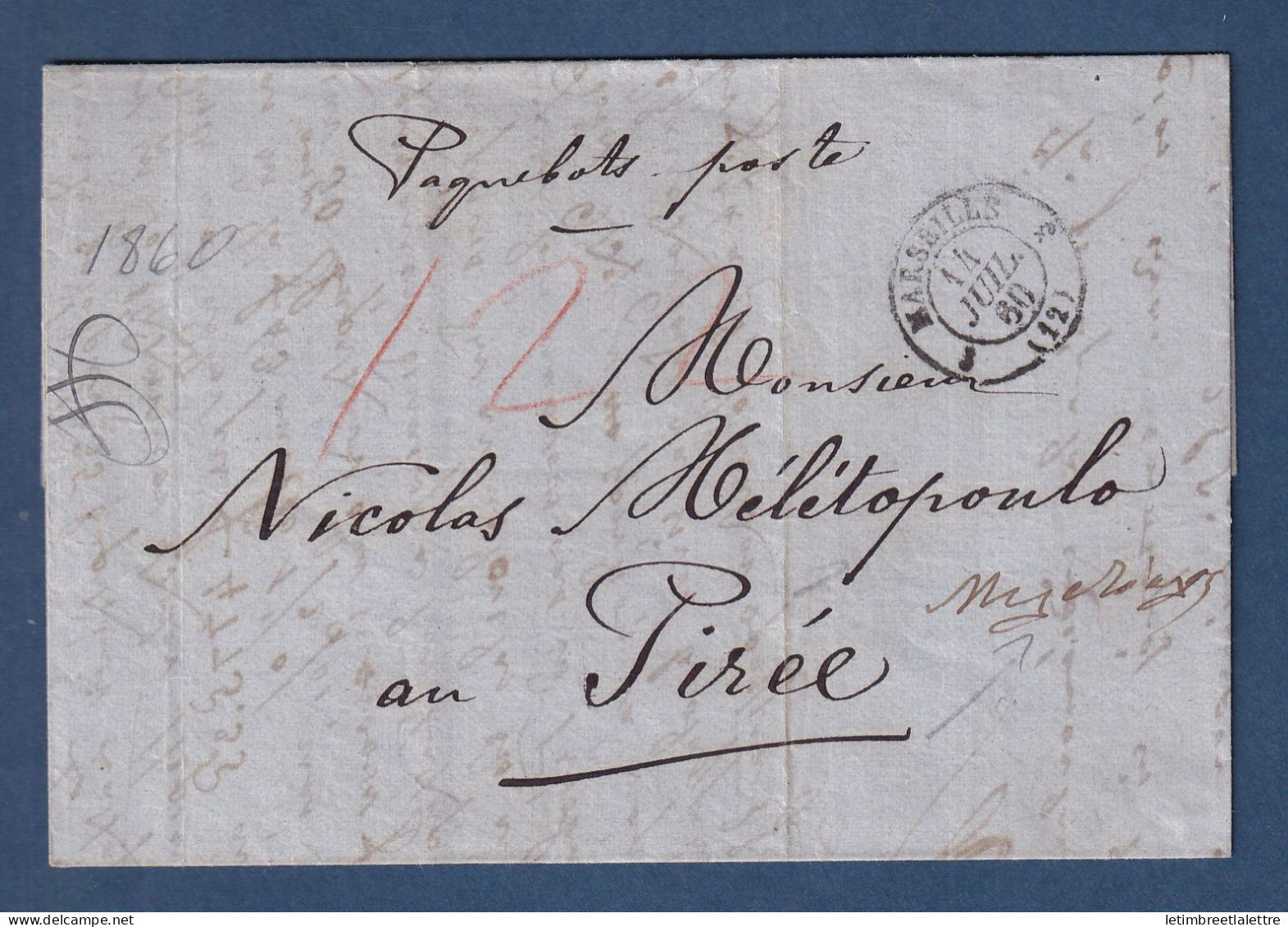 France - Paquebots poste - griffe manuscrite à déterminer - pour le Pirée ( Grèce ) par paquebot 1860