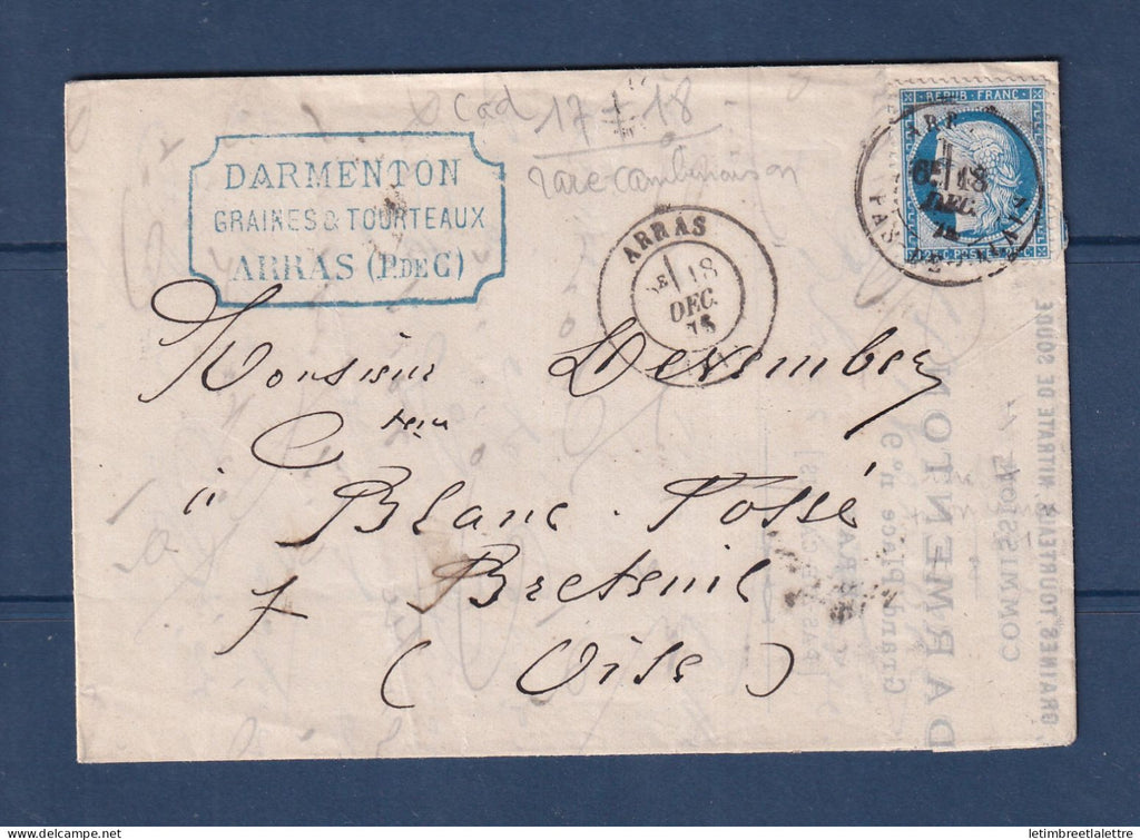 France - Cachet à Date Type 17 et 18 sur lettre - belle combinaison - Darmenton Arras - 1876