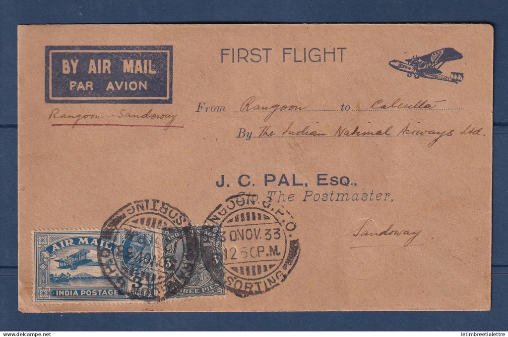 Birmanie Burma - Poste aérienne - premier vol Rangoon Sandoway - to Calcutta - Indian Airways - 1933