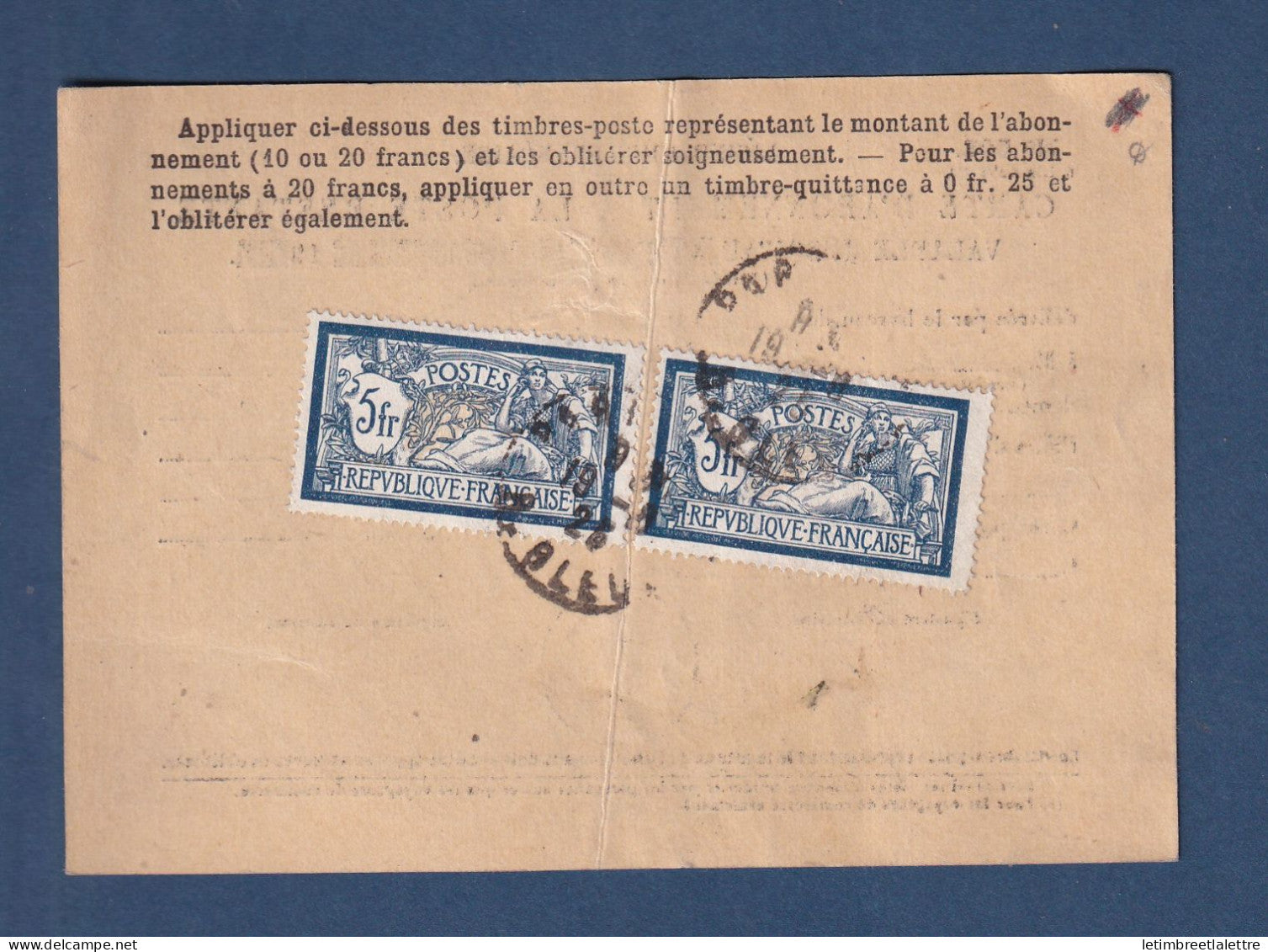 France - YT n° 123 sur Carte d'abonnement à la Poste Restante - 5 francs Merson - 1925