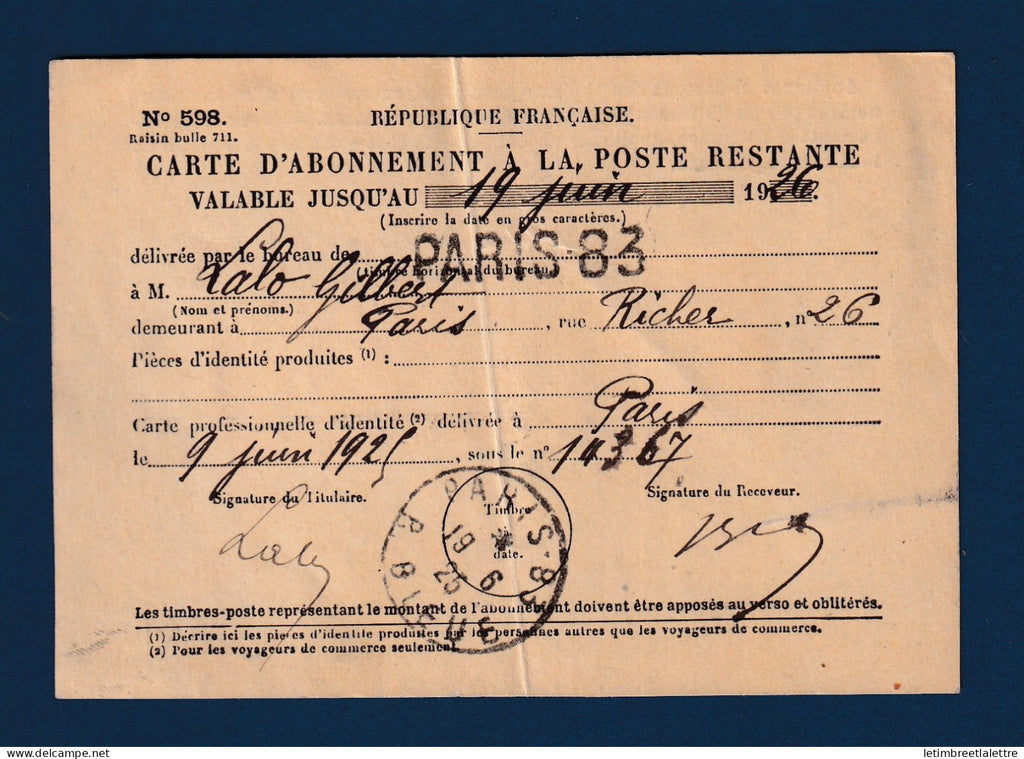 France - YT n° 123 sur Carte d'abonnement à la Poste Restante - 5 francs Merson - 1925