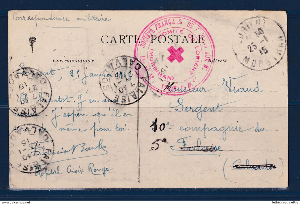France - carte postale - croix rouge - franchise - correspondance militaire - 1915