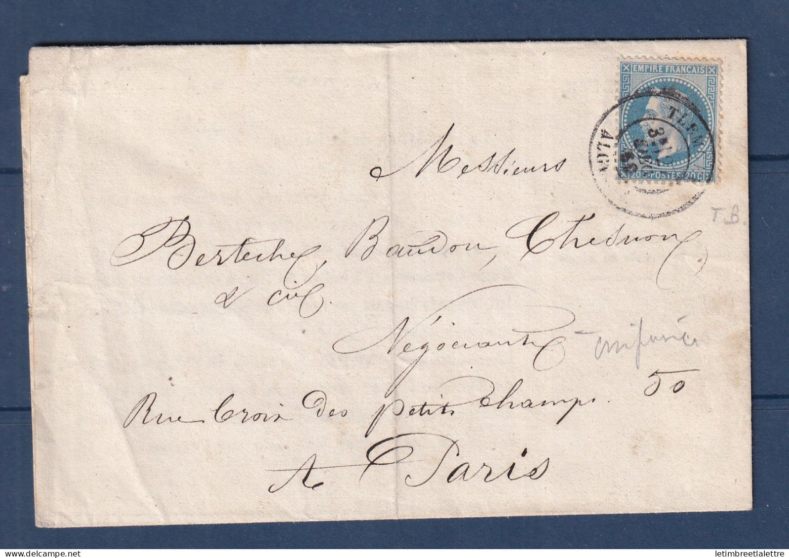France - Cachet à Date CaD Tlemcen ( Algérie ) sur imprimé - 1869
