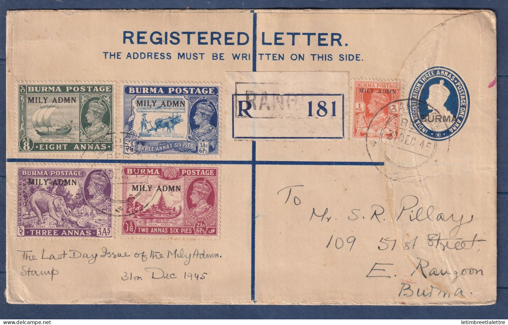 Myanmar - Birmanie - Burma - administration militaire sur entier postal recommandé - last day issue - 1945