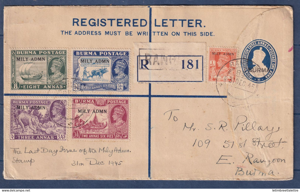Myanmar - Birmanie - Burma - administration militaire sur entier postal recommandé - last day issue - 1945