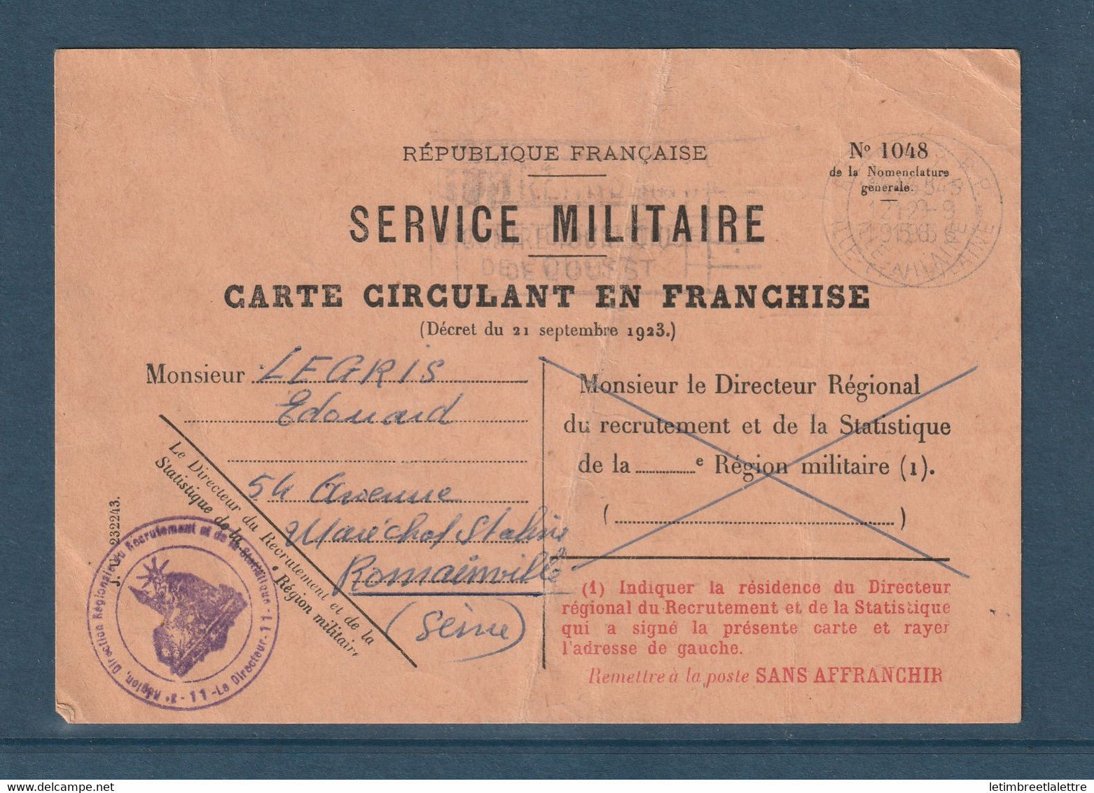 ⭐ France - Franchise Militaire - Rennes 10 Septembre 1956 ⭐