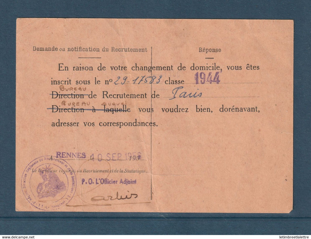 ⭐ France - Franchise Militaire - Rennes 10 Septembre 1956 ⭐