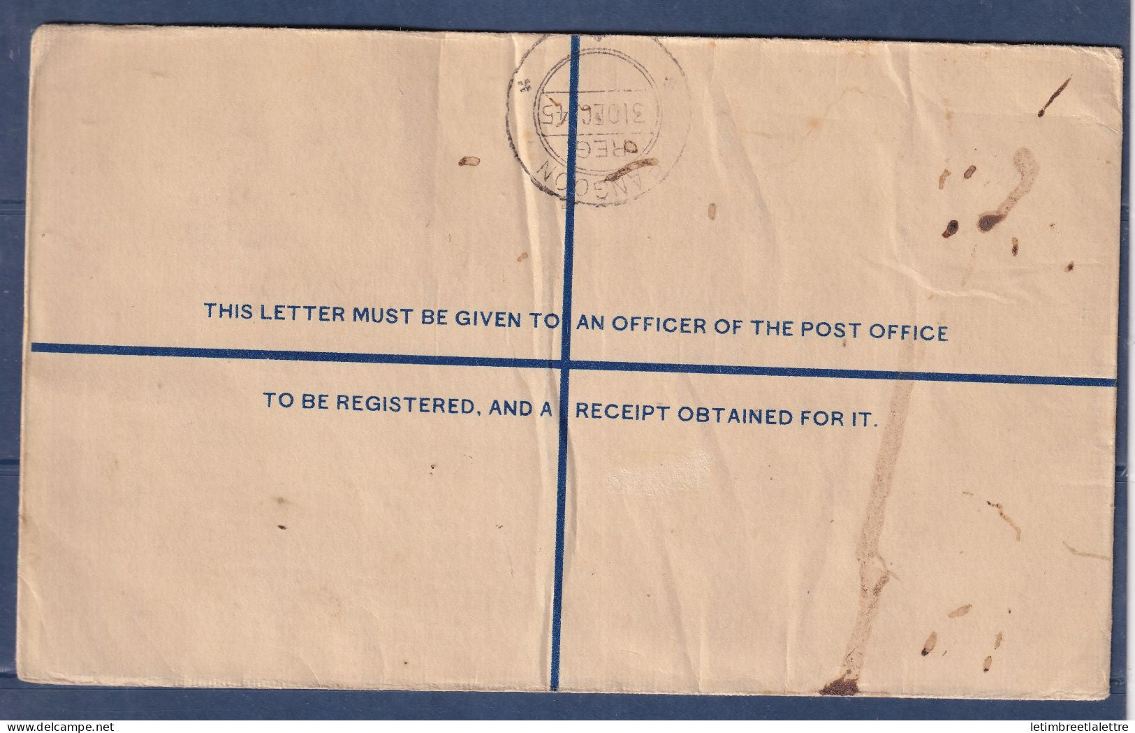 Myanmar - Birmanie - Burma - administration militaire sur entier postal recommandé - last day issue - 1945