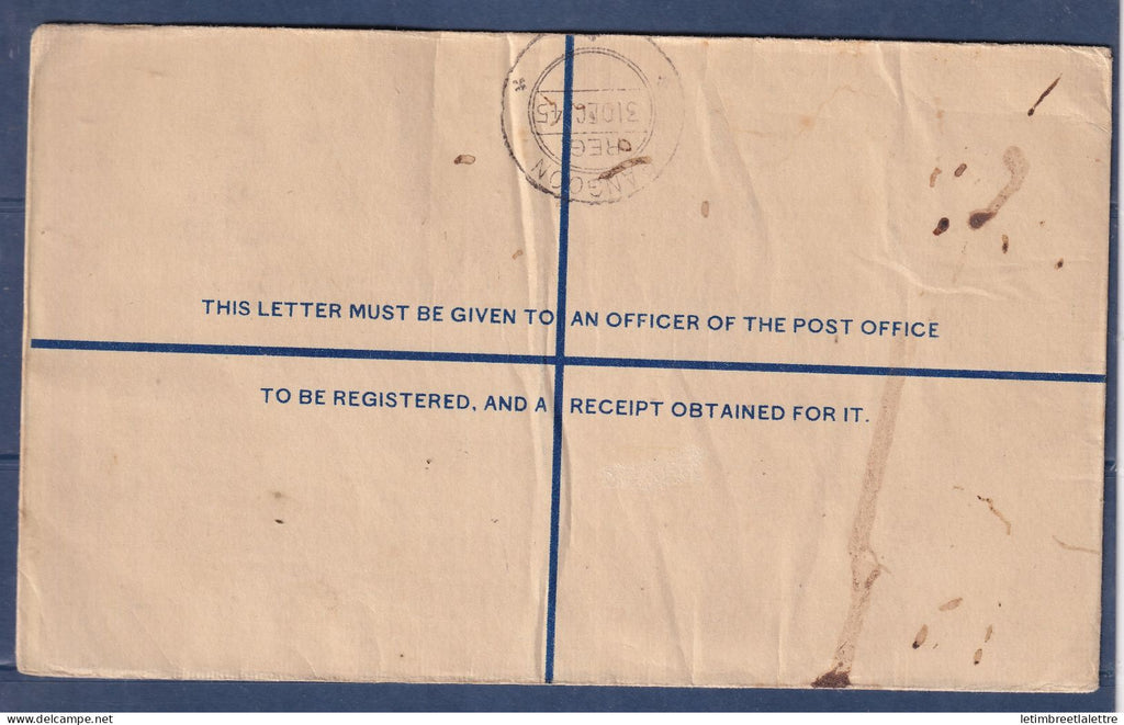 Myanmar - Birmanie - Burma - administration militaire sur entier postal recommandé - last day issue - 1945