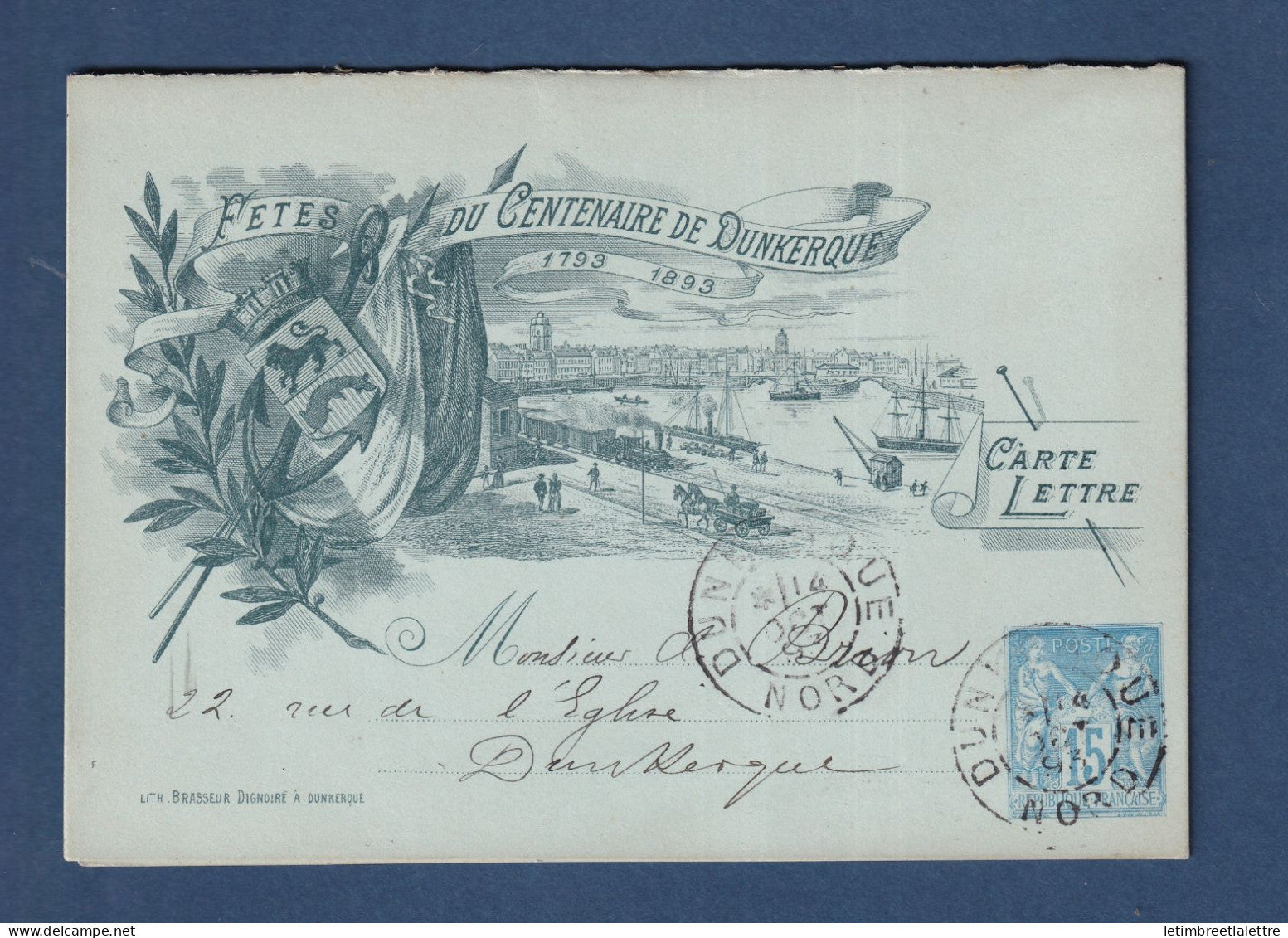France - entier postal - Type Sage - Fêtes du Centenaire de Dunkerque - Oblitéré de Dunkerque en 1893