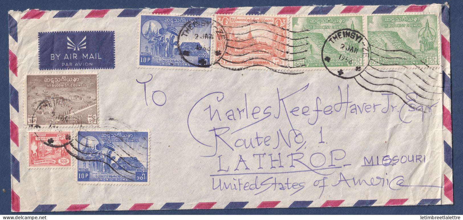 Myanmar - Birmanie -  Burma - enveloppe oblitéré Theinsyi ZE  par avion pour les USA  - 1956