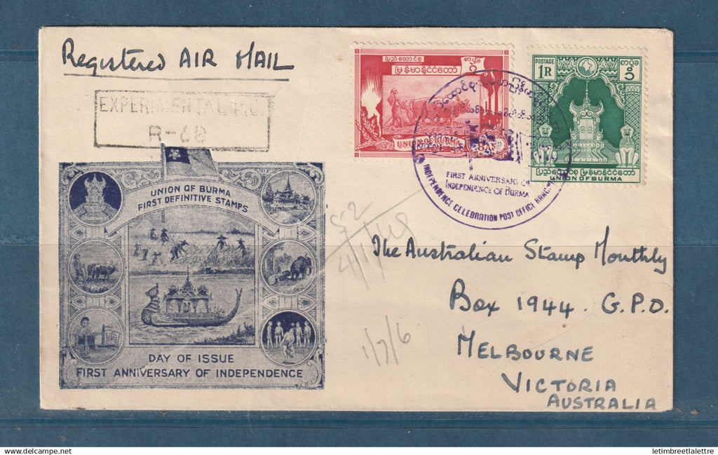Myanmar - Birmanie - Burma - YT n° 42 et 43 - FDC par avion pour Melbourne ( Australie ) - experimental - 1949