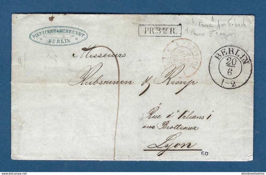 Allemagne - Marque de Passage provenance Prusse par Forbach - Prusse 3 ème rayon - 1854