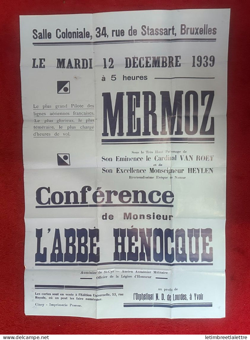 Affiche - Poste aérienne - exposition Mermoz en Belgique - sur Imprimé de Belgique en 1939